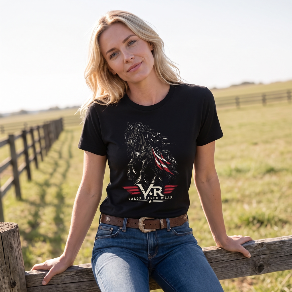 Untamed Spirit. Unshakable Valor. Patriotic FrIesian T-SHIRT