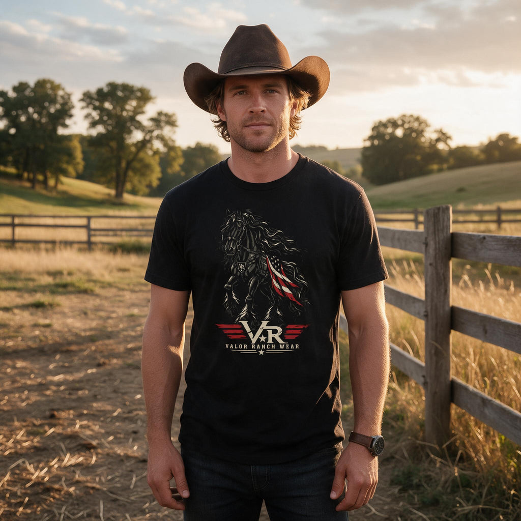 Untamed Spirit. Unshakable Valor. Patriotic FrIesian T-SHIRT