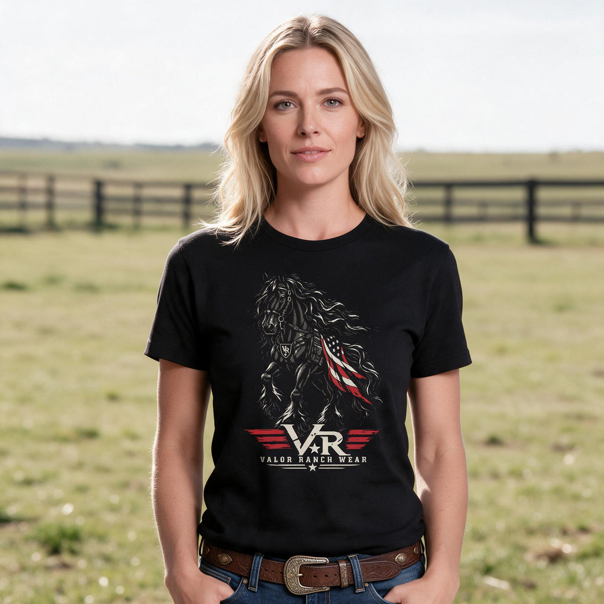 Untamed Spirit. Unshakable Valor. Patriotic FrIesian T-SHIRT