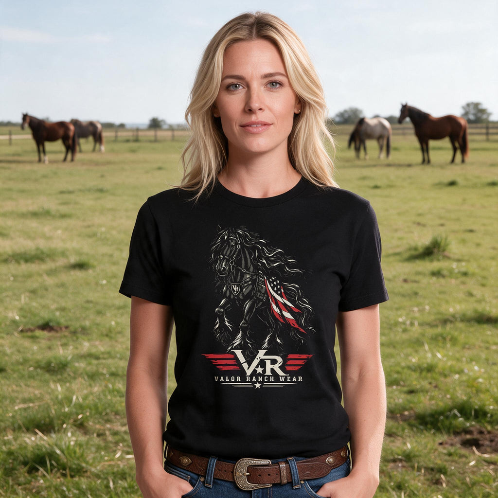 Untamed Spirit. Unshakable Valor. Patriotic FrIesian T-SHIRT