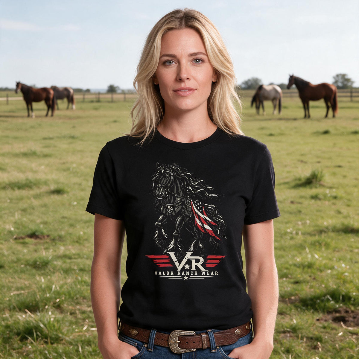 Untamed Spirit. Unshakable Valor. Patriotic FrIesian T-SHIRT