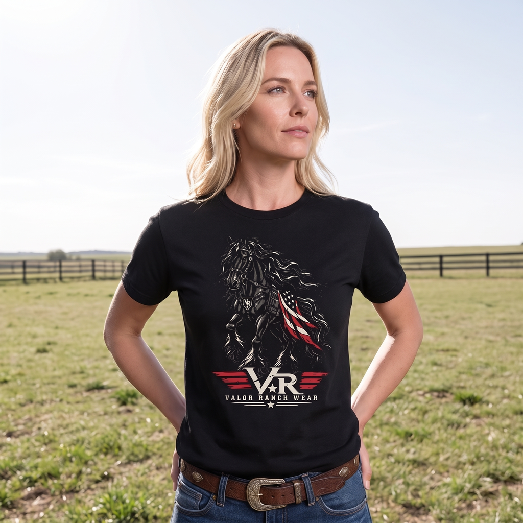 Untamed Spirit. Unshakable Valor. Patriotic FrIesian T-SHIRT
