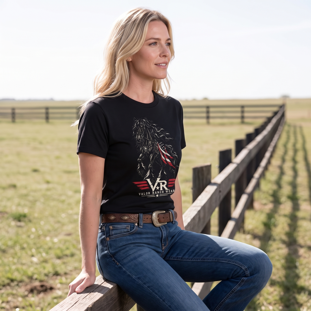 Untamed Spirit. Unshakable Valor. Patriotic FrIesian T-SHIRT