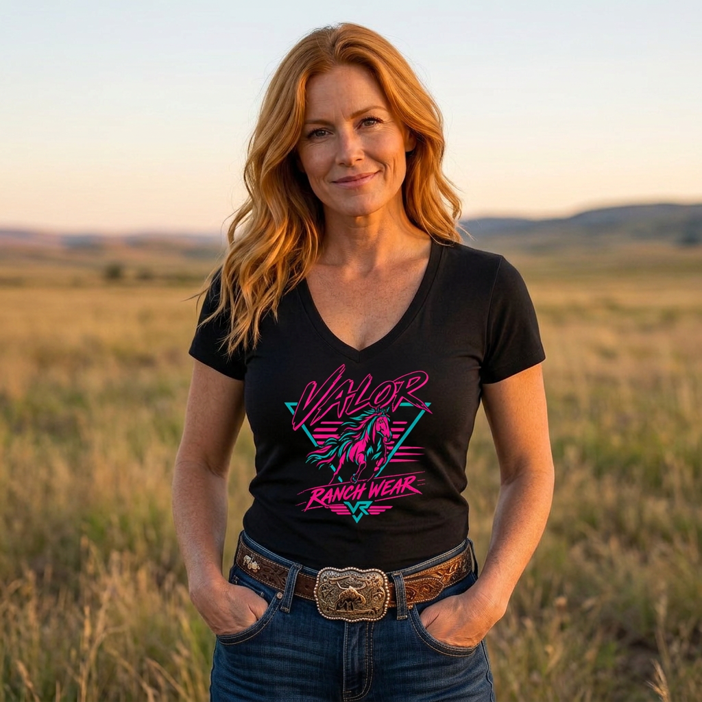 Valor Neon Rider Women’s V-Neck T‑shirt – Retro 80s Western Horse Shirt