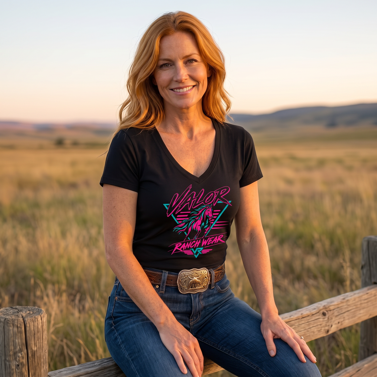 Valor Neon Rider Women’s V-Neck T‑shirt – Retro 80s Western Horse Shirt