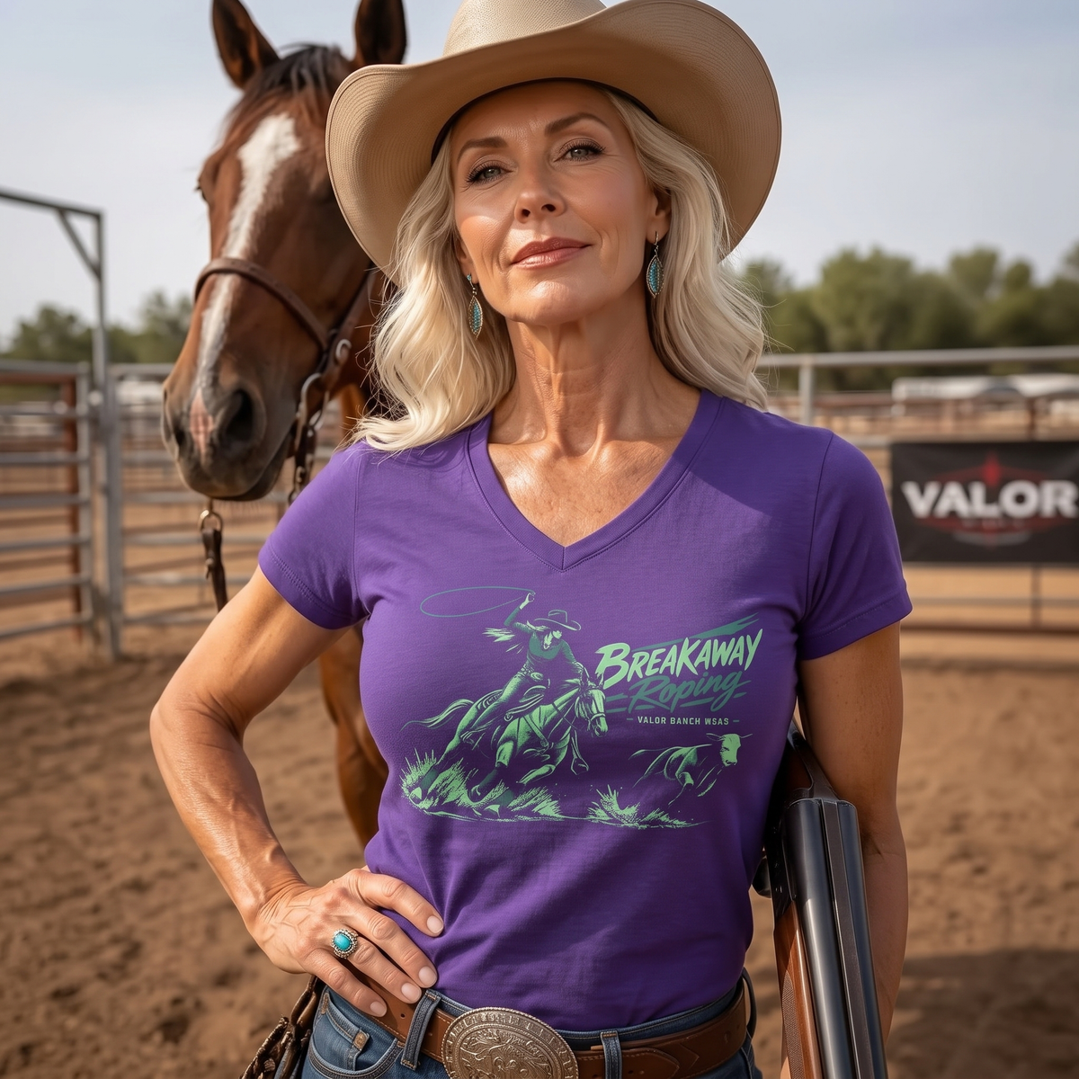 Breakaway Roping Women’s V-Neck T‑shirt    Purple & Mint Rodeo Shirt