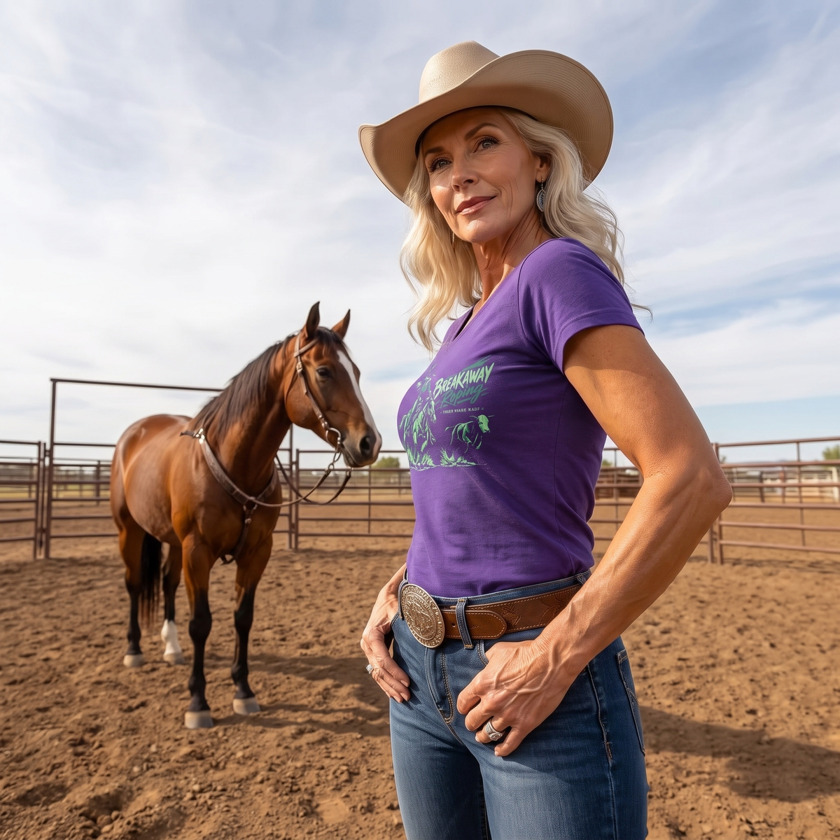 Breakaway Roping Women’s V-Neck T‑shirt    Purple & Mint Rodeo Shirt