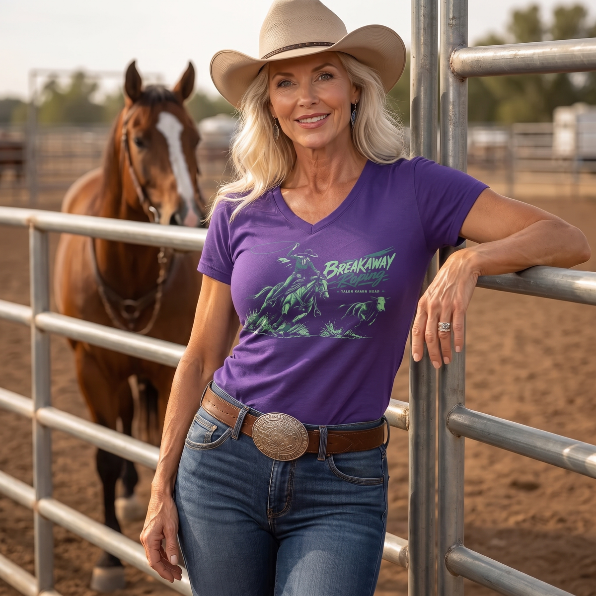 Breakaway Roping Women’s V-Neck T‑shirt    Purple & Mint Rodeo Shirt