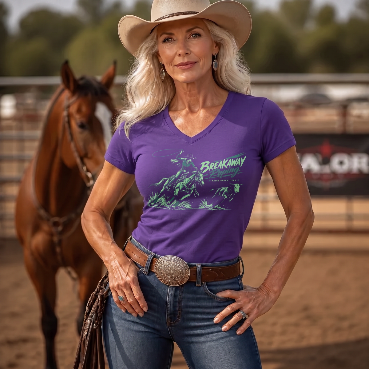 Breakaway Roping Women’s V-Neck T‑shirt    Purple & Mint Rodeo Shirt