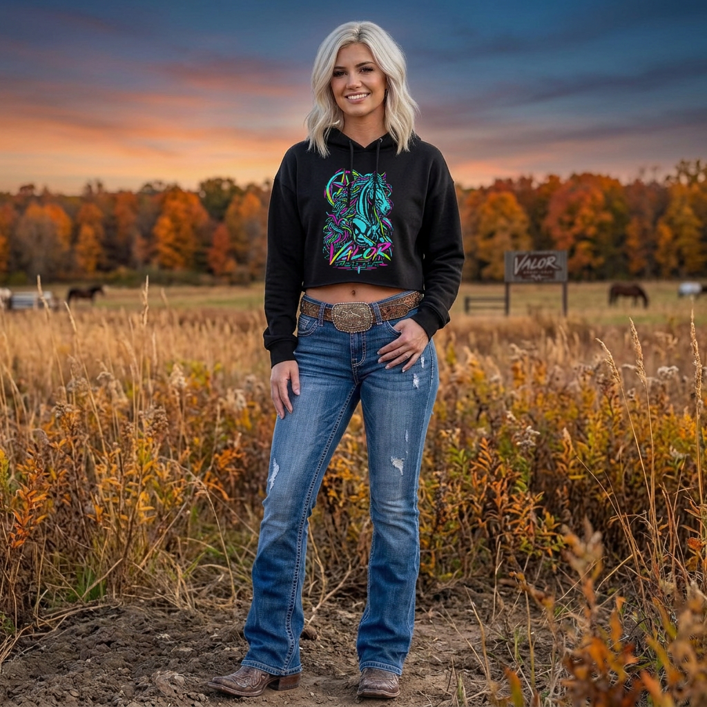 Neon Valor Friesian Cropped Hoodie – 80s Western Horse Collection