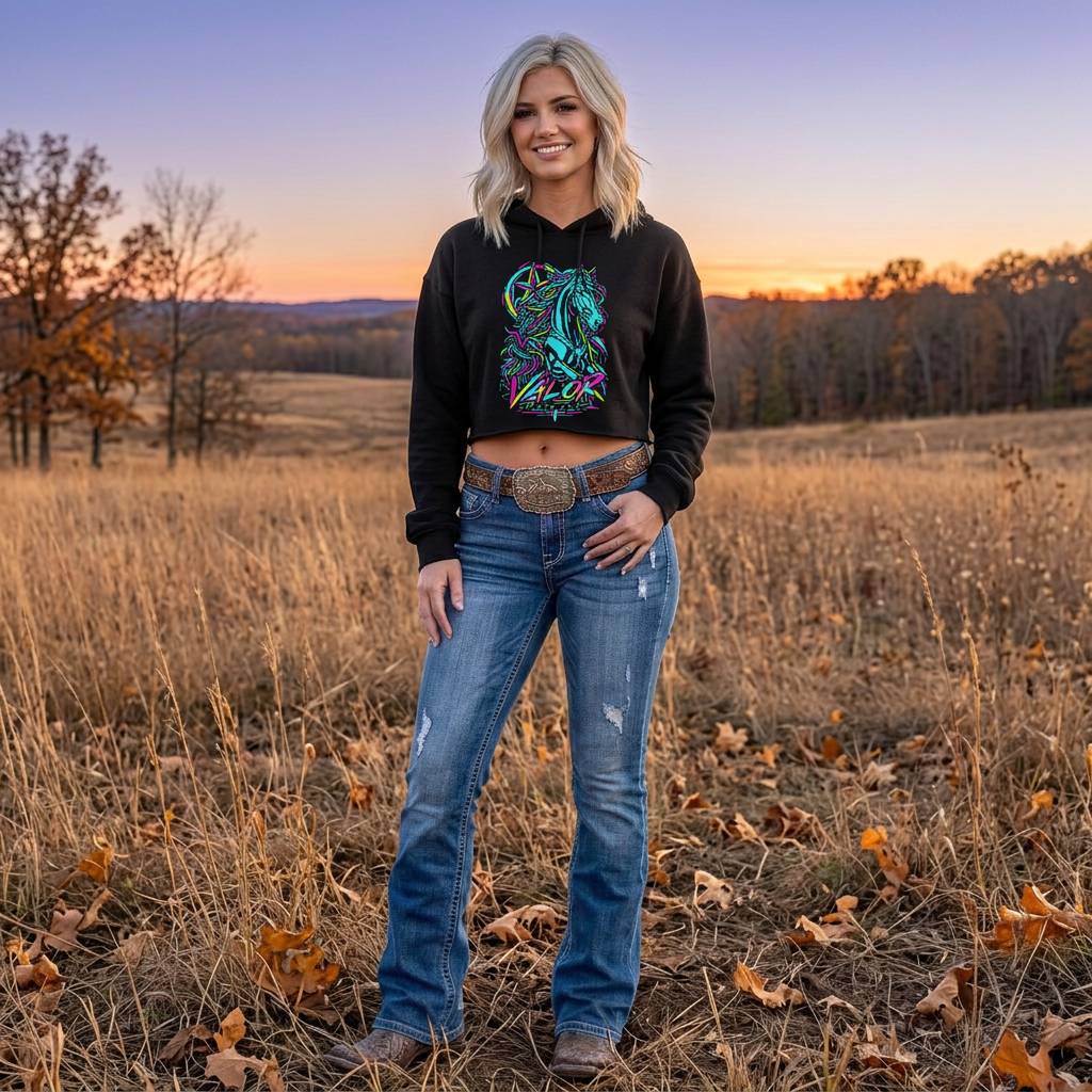 Neon Valor Friesian Cropped Hoodie – 80s Western Horse Collection