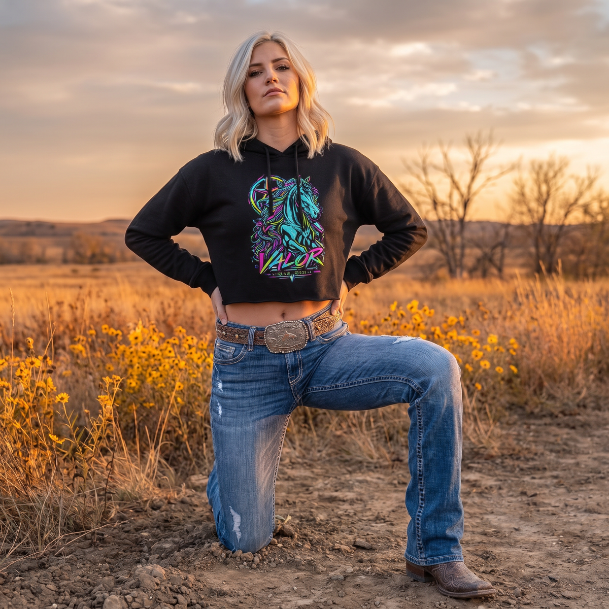 Neon Valor Friesian Cropped Hoodie – 80s Western Horse Collection