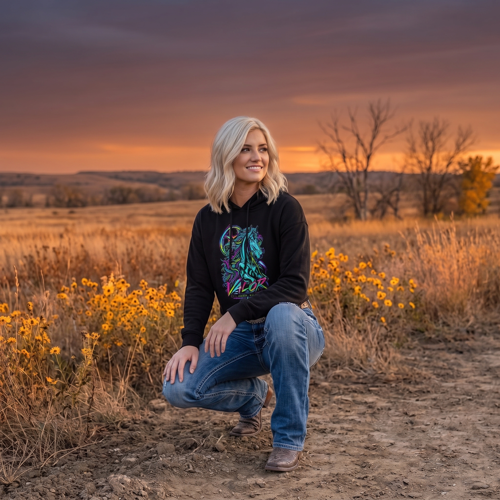 Neon Valor Friesian Cropped Hoodie – 80s Western Horse Collection