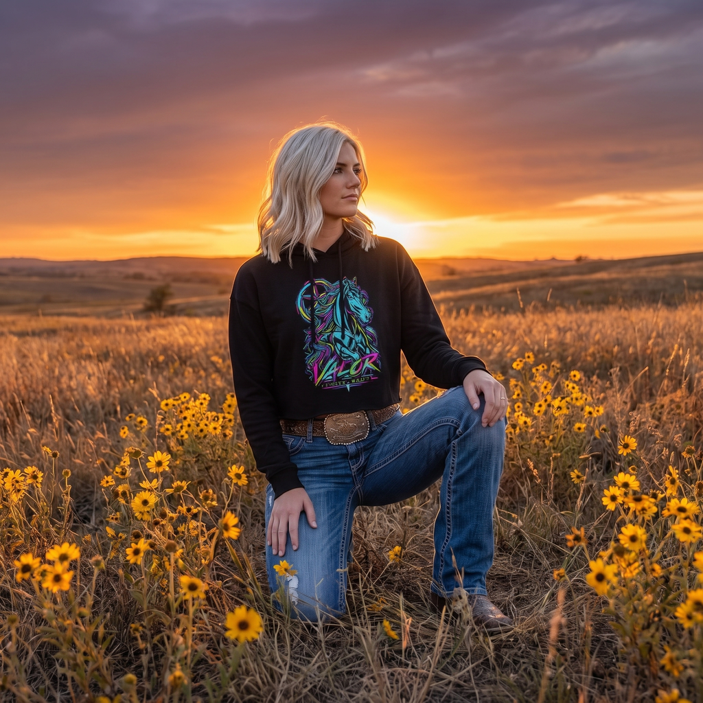 Neon Valor Friesian Cropped Hoodie – 80s Western Horse Collection
