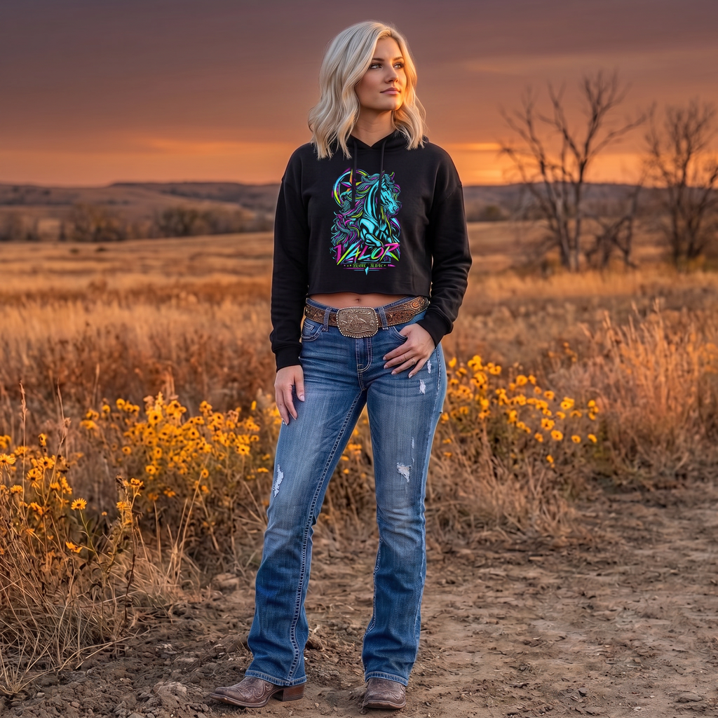 Neon Valor Friesian Cropped Hoodie – 80s Western Horse Collection