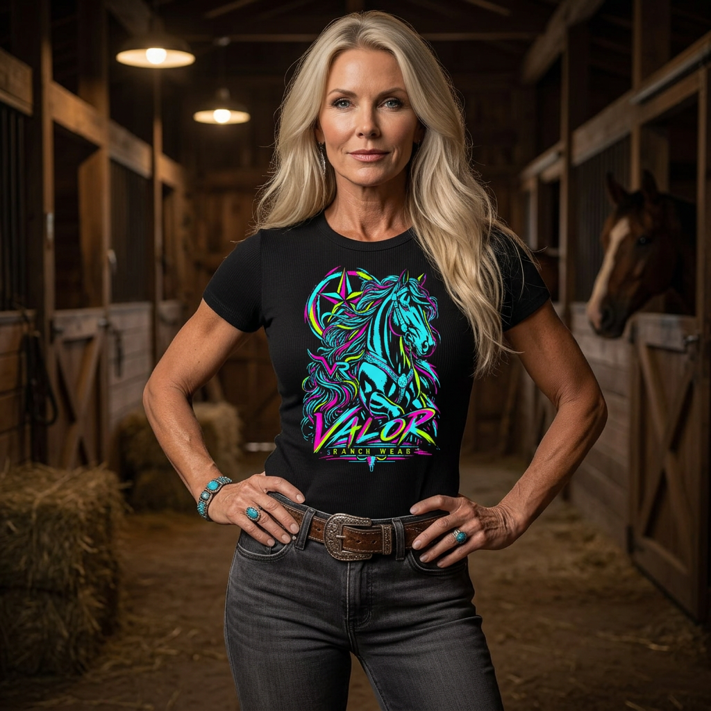 80s Neon Valor — Quarter Horse Ranch Wear T‑shirt