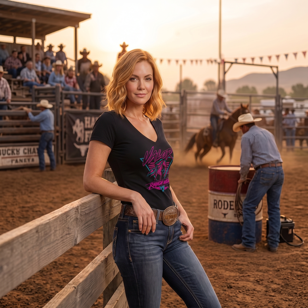 Valor Neon Rider Women’s V-Neck T‑shirt – Retro 80s Western Horse Shirt