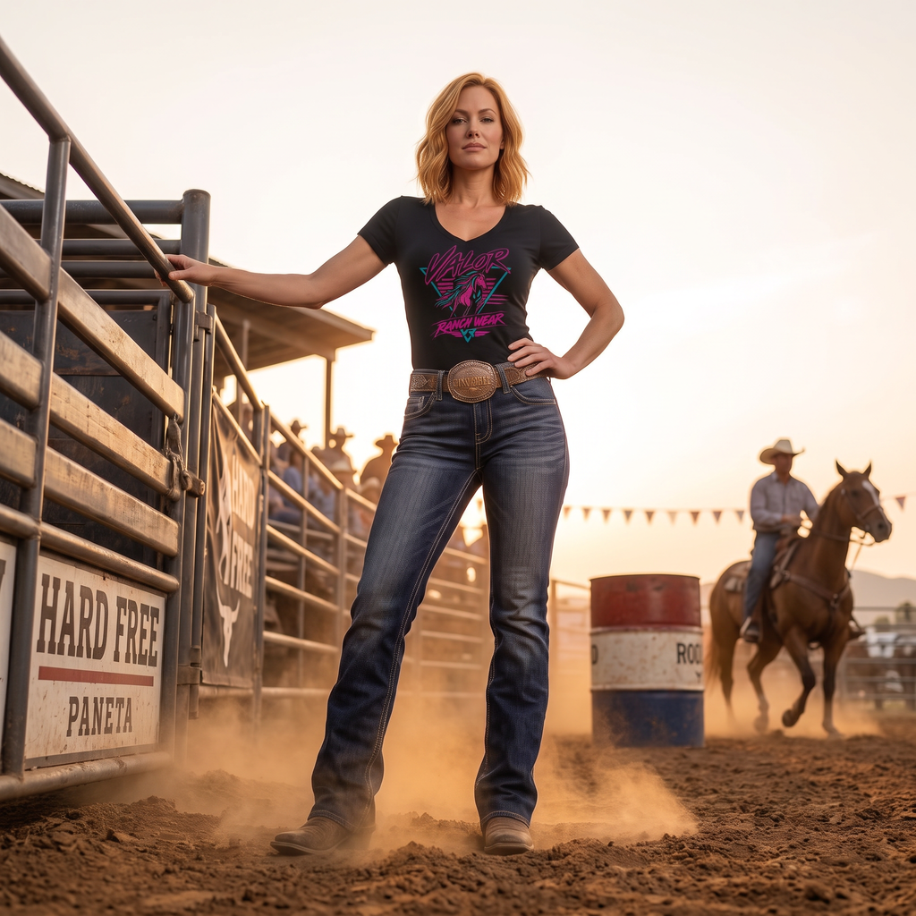 Valor Neon Rider Women’s V-Neck T‑shirt – Retro 80s Western Horse Shirt