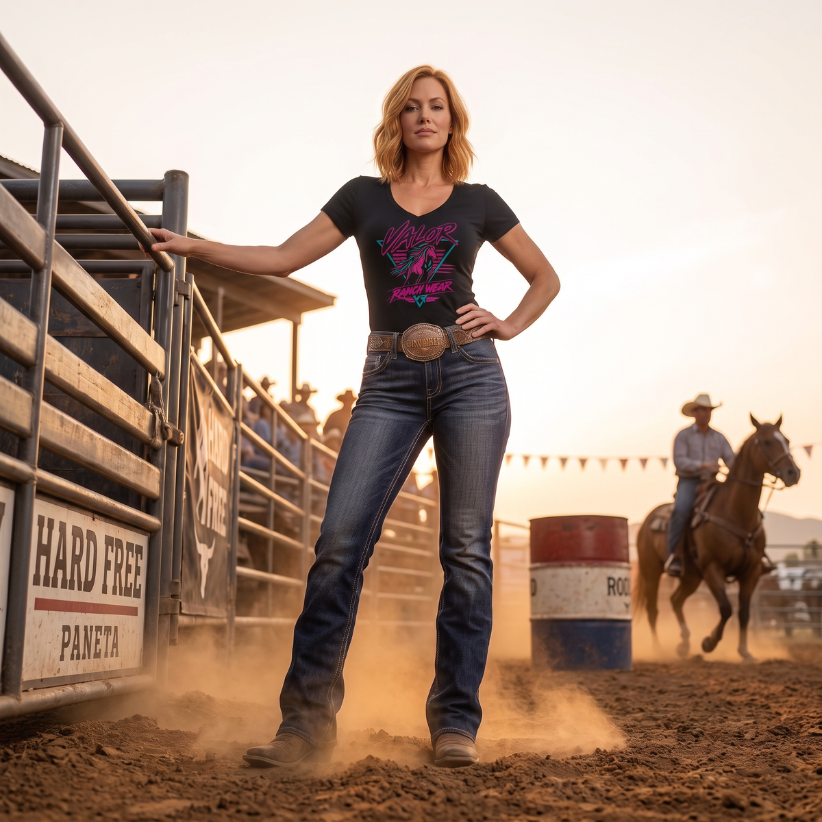 Valor Neon Rider Women’s V-Neck T‑shirt – Retro 80s Western Horse Shirt