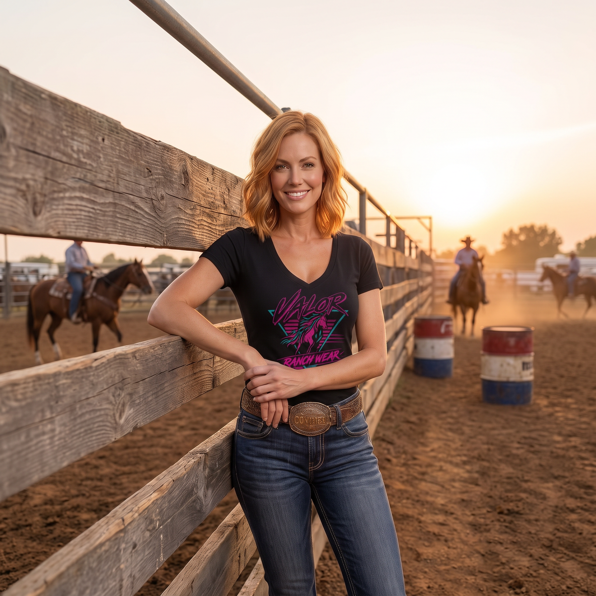 Valor Neon Rider Women’s V-Neck T‑shirt – Retro 80s Western Horse Shirt
