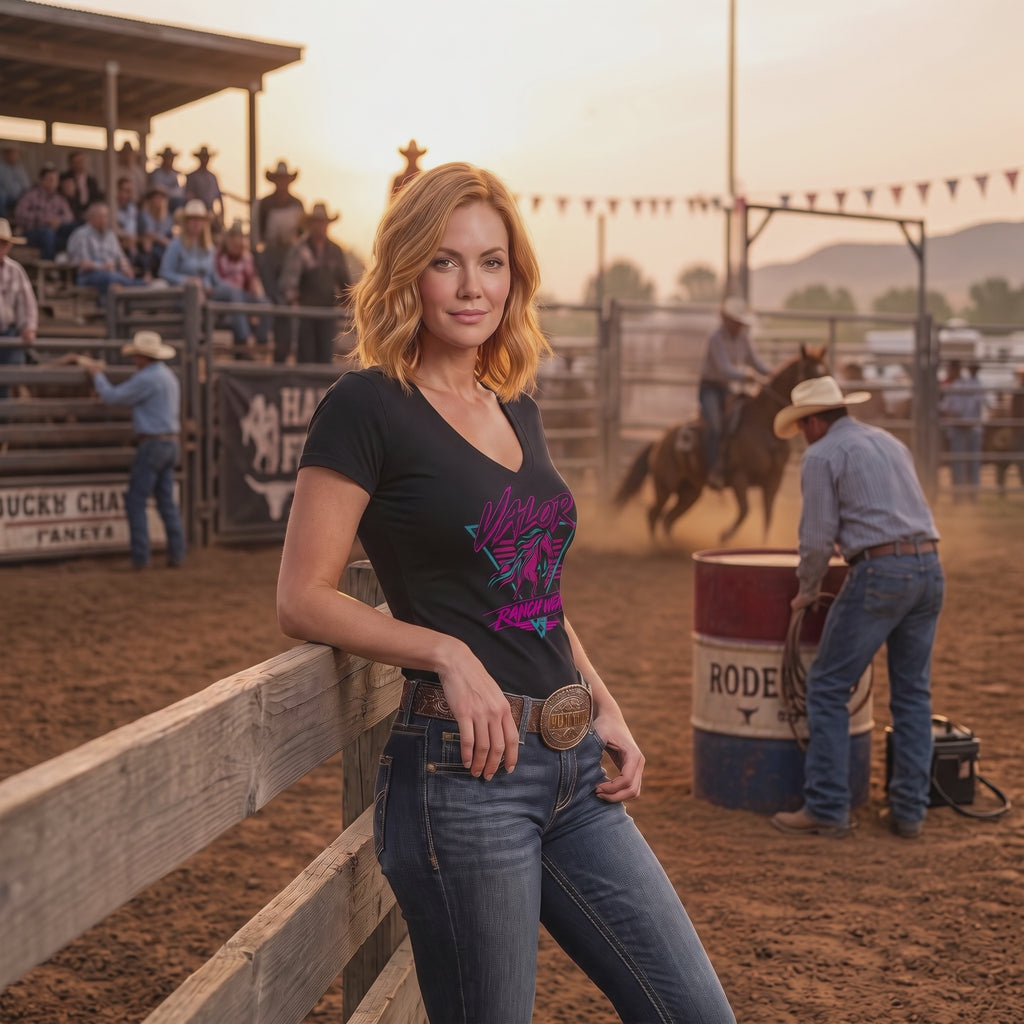 Valor Neon Rider Women’s V-Neck T‑shirt – Retro 80s Western Horse Shirt