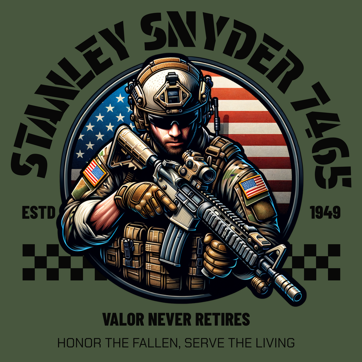 Stanley Snyder VFW 7465 — Valor Never Retires Full color T-Shirt